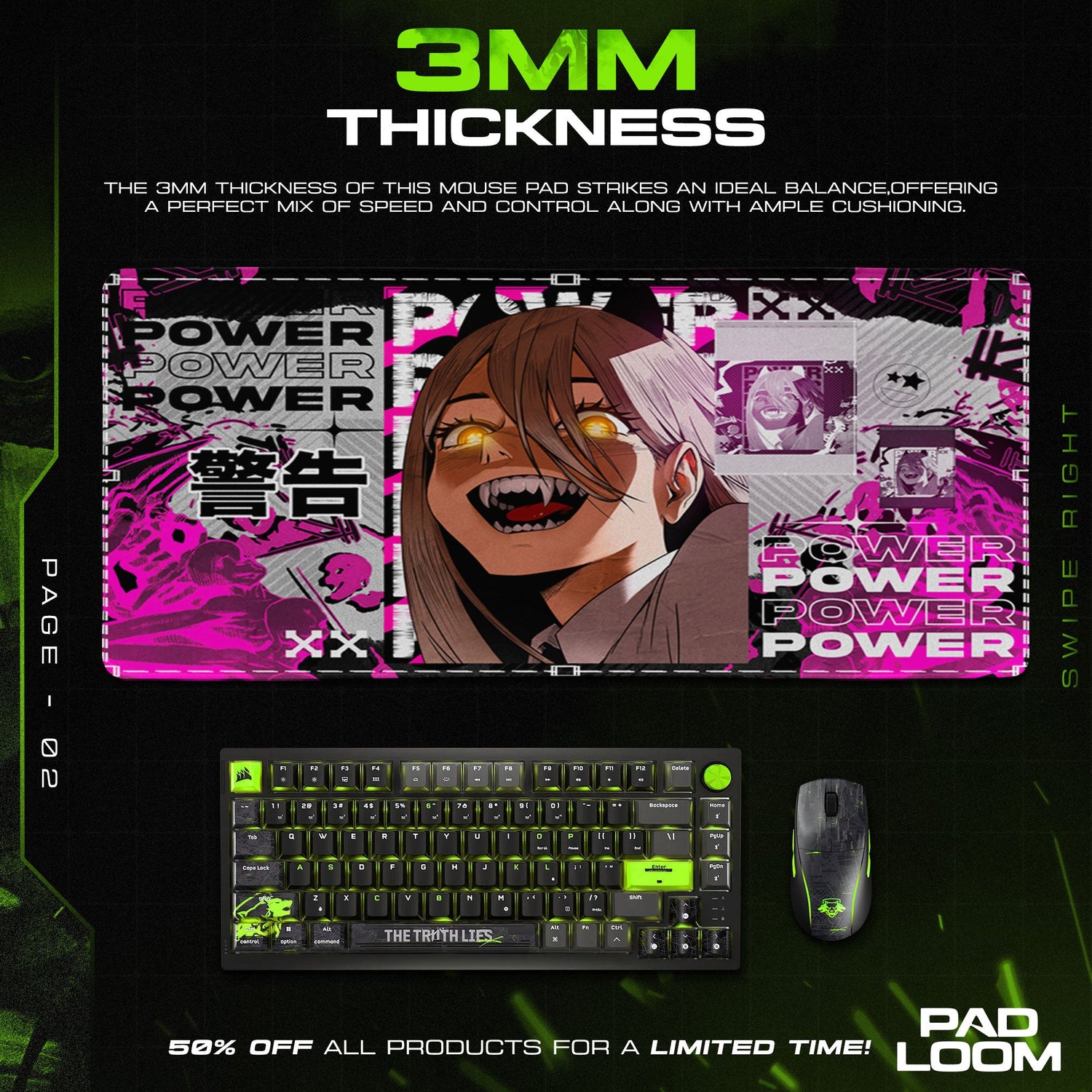 Chainsaw Man Power Smile Mouse Pad, Anime Gaming Desk Mat Padloom