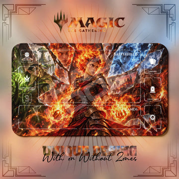 Chandra Shattered MTG playmat, orange and brown art with play zones, 24 x 14 in