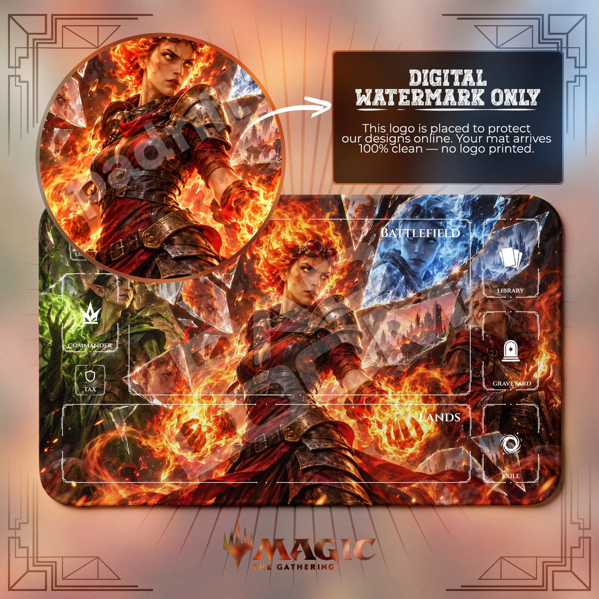 Chandra Shattered MTG playmat with zones; the Padloom watermark is digital only, not printed