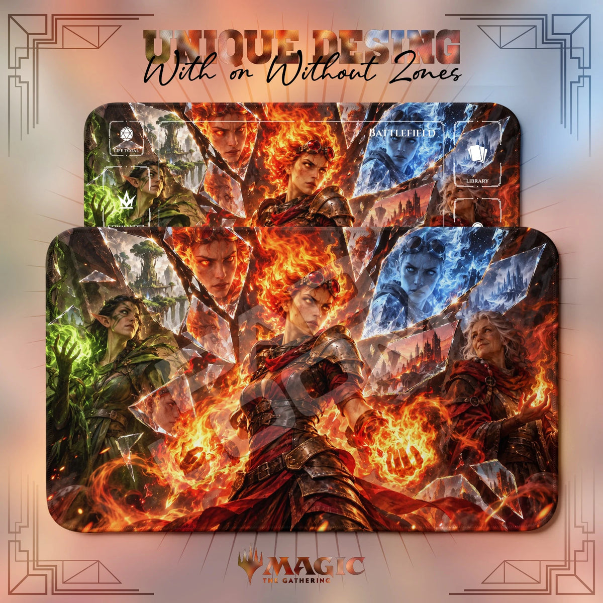 Chandra Shattered MTG playmat shown with zones and without zones