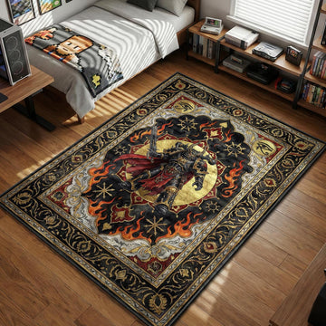 Chaos Space Marine warrior with chainsword and Eye of Horus symbols in dark gothic tarot art style gaming area rug and floor mat