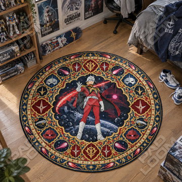Char Comet Gundam round rug on a bedroom floor - Gundam chair mat
