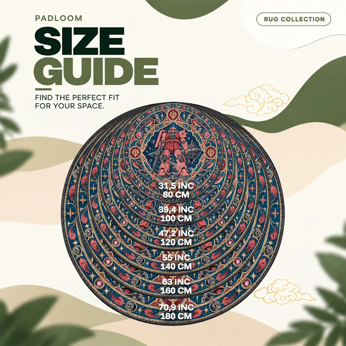 Char Zaku Asteroid round rug size guide, 80 to 180 cm (31.5 to 70.9 in)