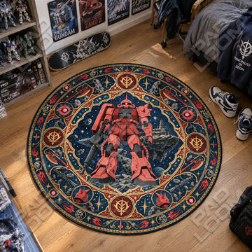 Char Zaku Asteroid Gundam round rug on a bedroom floor - Gundam chair mat