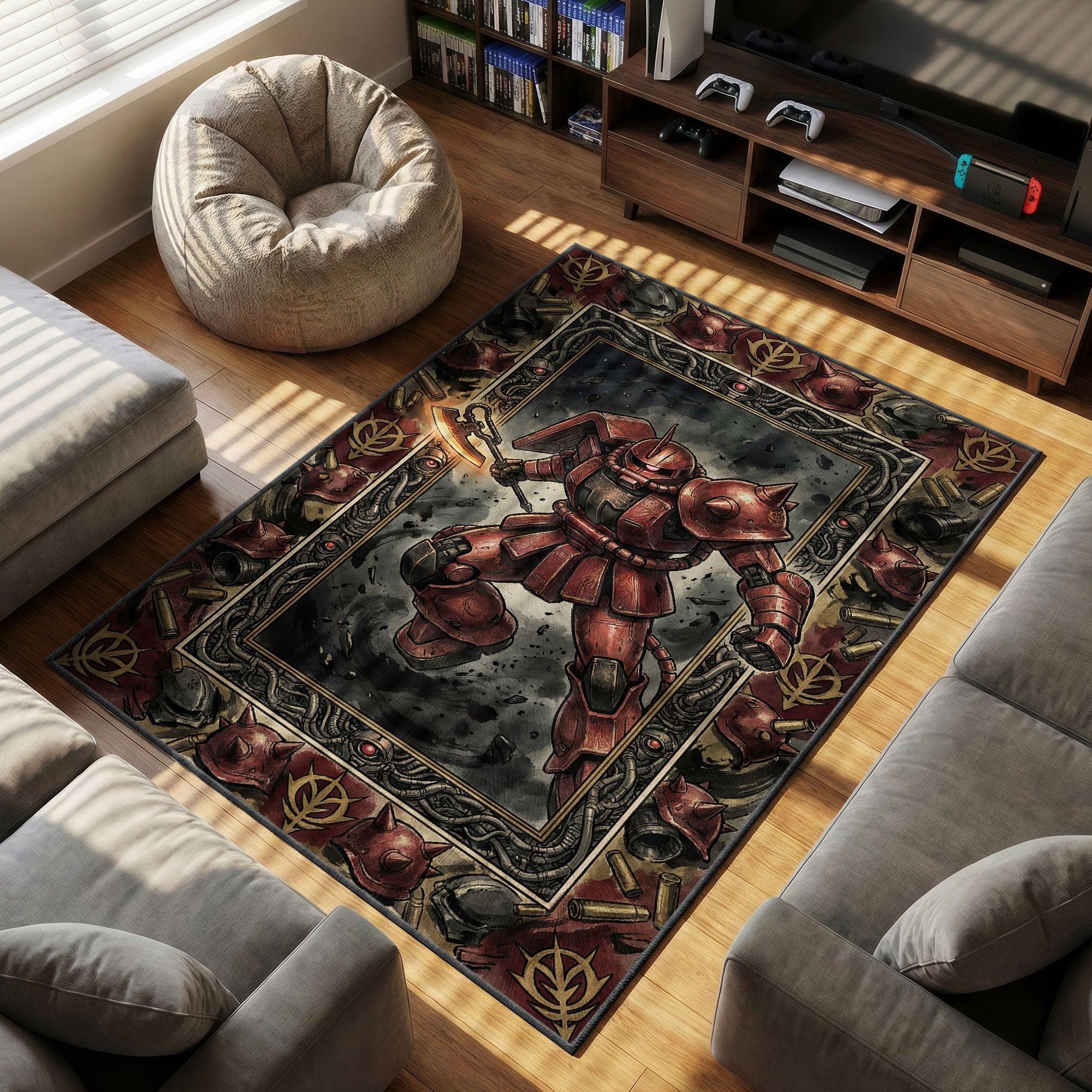 Char's Zaku themed area rug for home decor fans
