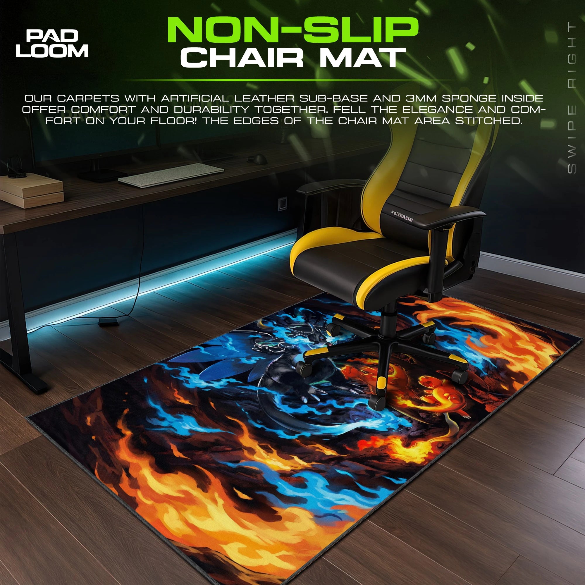 Charizard Blue Flame Mega – stitched-edge, non-slip mouse pad detail