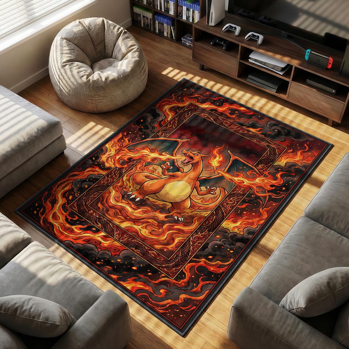 Charizard Raging themed area rug for Pokemon fans
