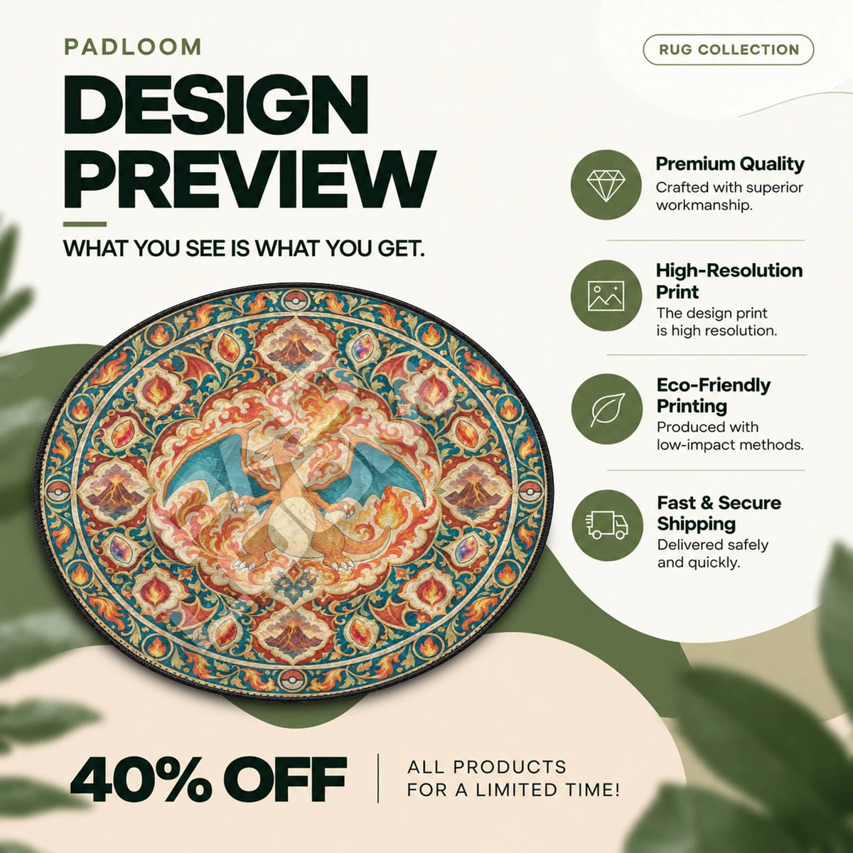 Charizard Roaring Pokemon round rug full design preview