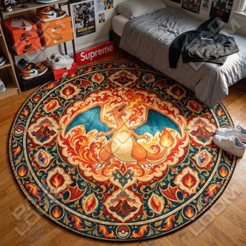 Charizard Roaring Pokemon round rug on a bedroom floor - Pokemon chair mat