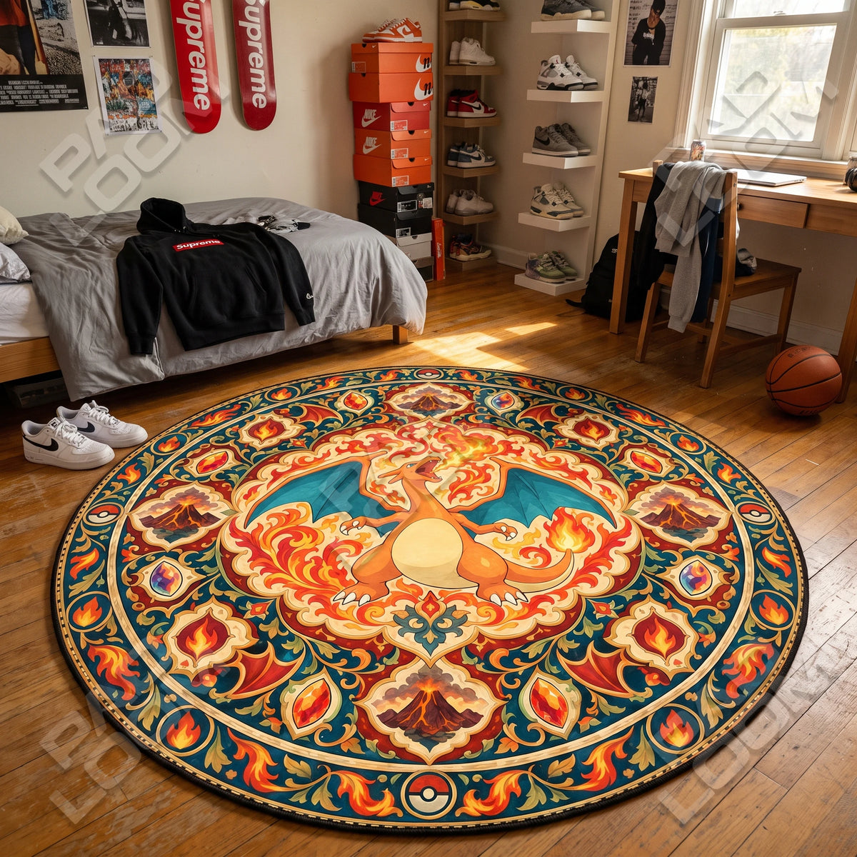 Charizard Roaring round rug shown in a styled room - Pokemon area rug