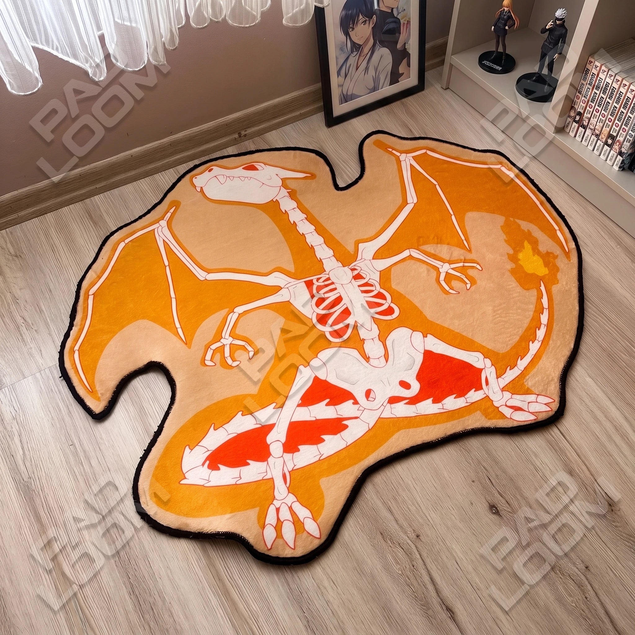 Charizard Skeleton shaped rug shown in a room setting