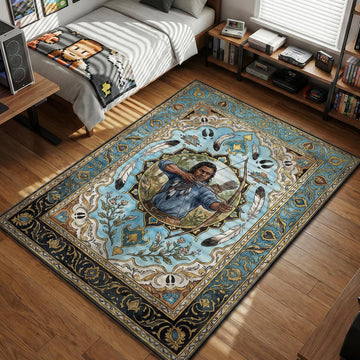 Charles Smith aiming bow and arrow with tribal feathers and blue floral patterns gaming area rug and floor mat
