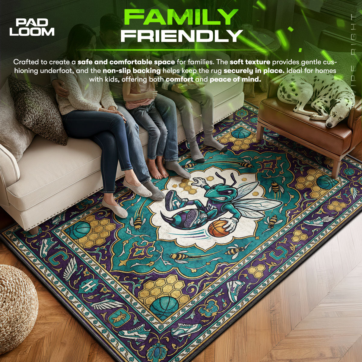 Charlotte area rug showing full home decor artwork