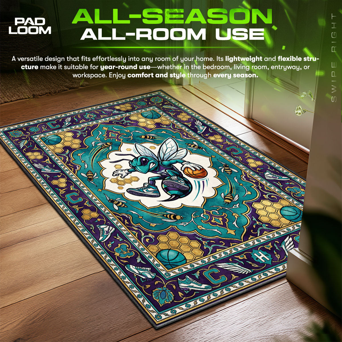 Charlotte Hornets Honeycomb Hypebeast fan rug — premium quality print