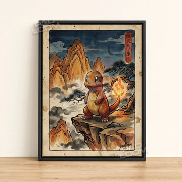 Charmander Cliff Pokemon poster - framed canvas wall art in a black frame