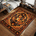 Charmander smiling amidst flames and volcanoes in ornate vintage watercolor style area rug and floor mat
