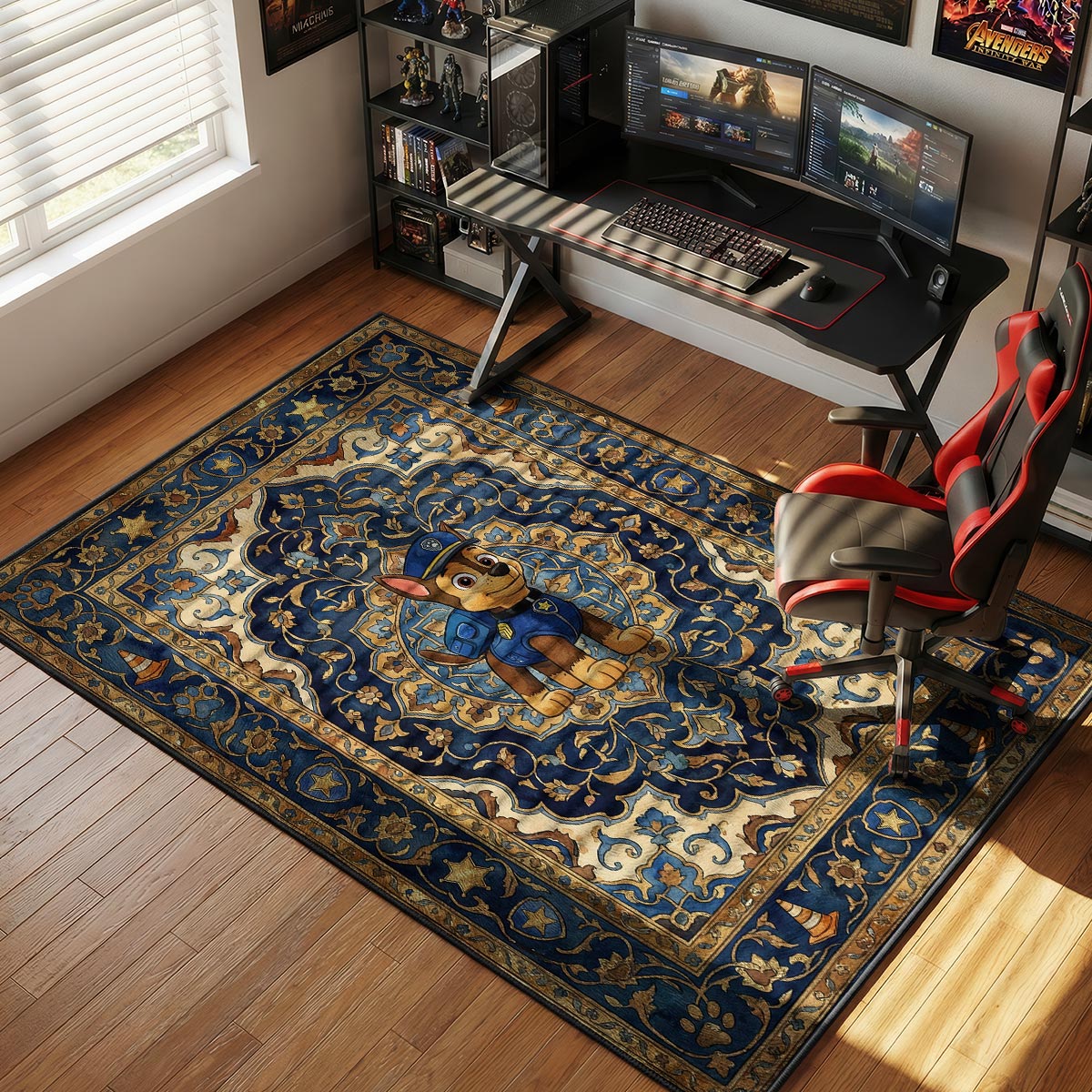 Chase PAW Patrol rug placed in a children's bedroom beside a white bed with blue bedding