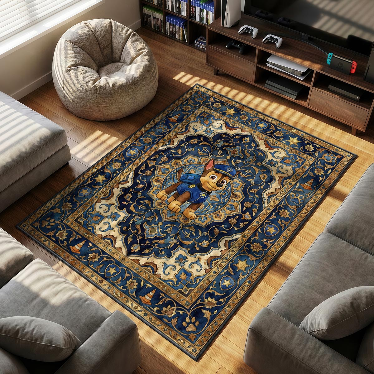 Close-up of Chase PAW Patrol area rug showing gold badge border and navy velvet dye-sublimation