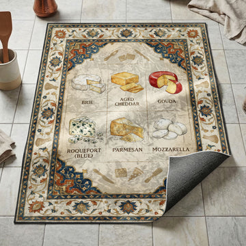 Six cheese varieties kitchen mat with brie roquefort and parmesan on navy floral tapestry border