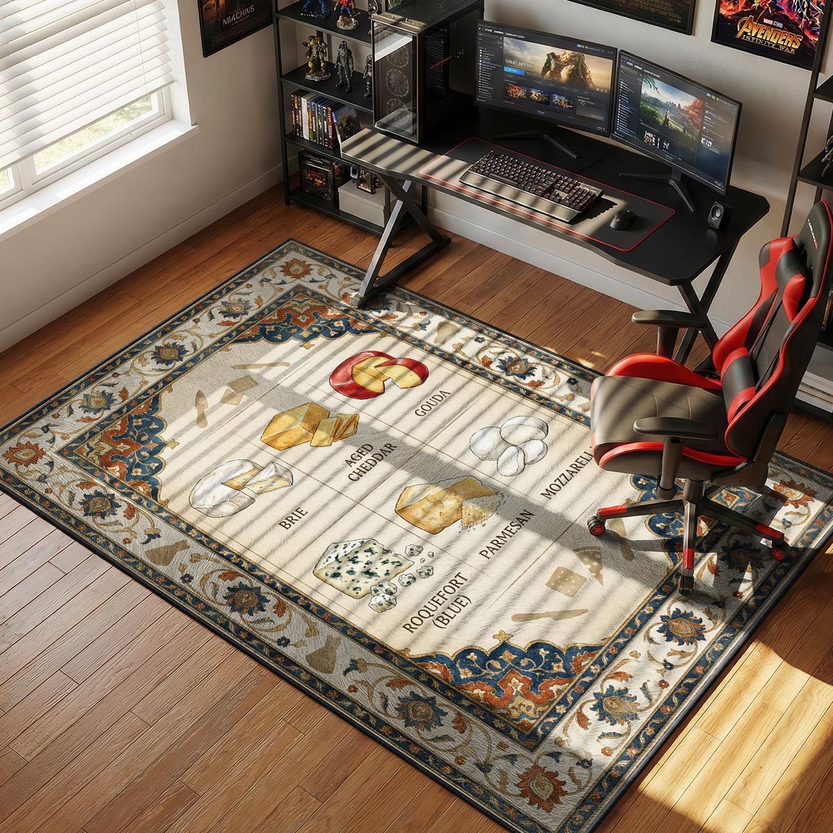 Cheese varieties kitchen rug on marble tile floor near a wooden cheese board and wine glasses