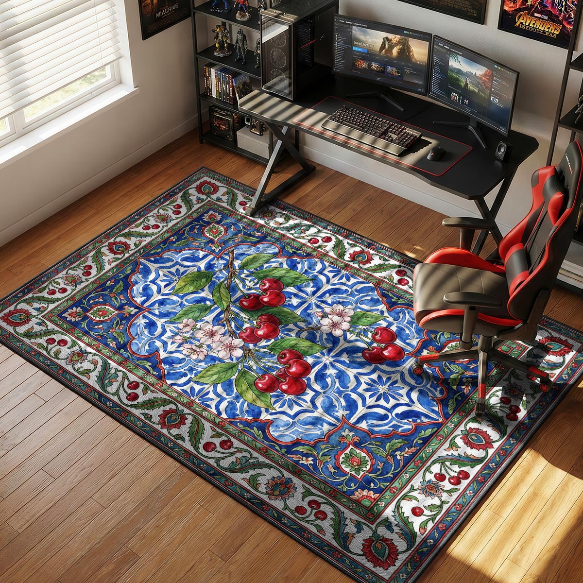 Cherry branch kitchen rug on cream tile floor near a white ceramic kitchen with fruit bowls