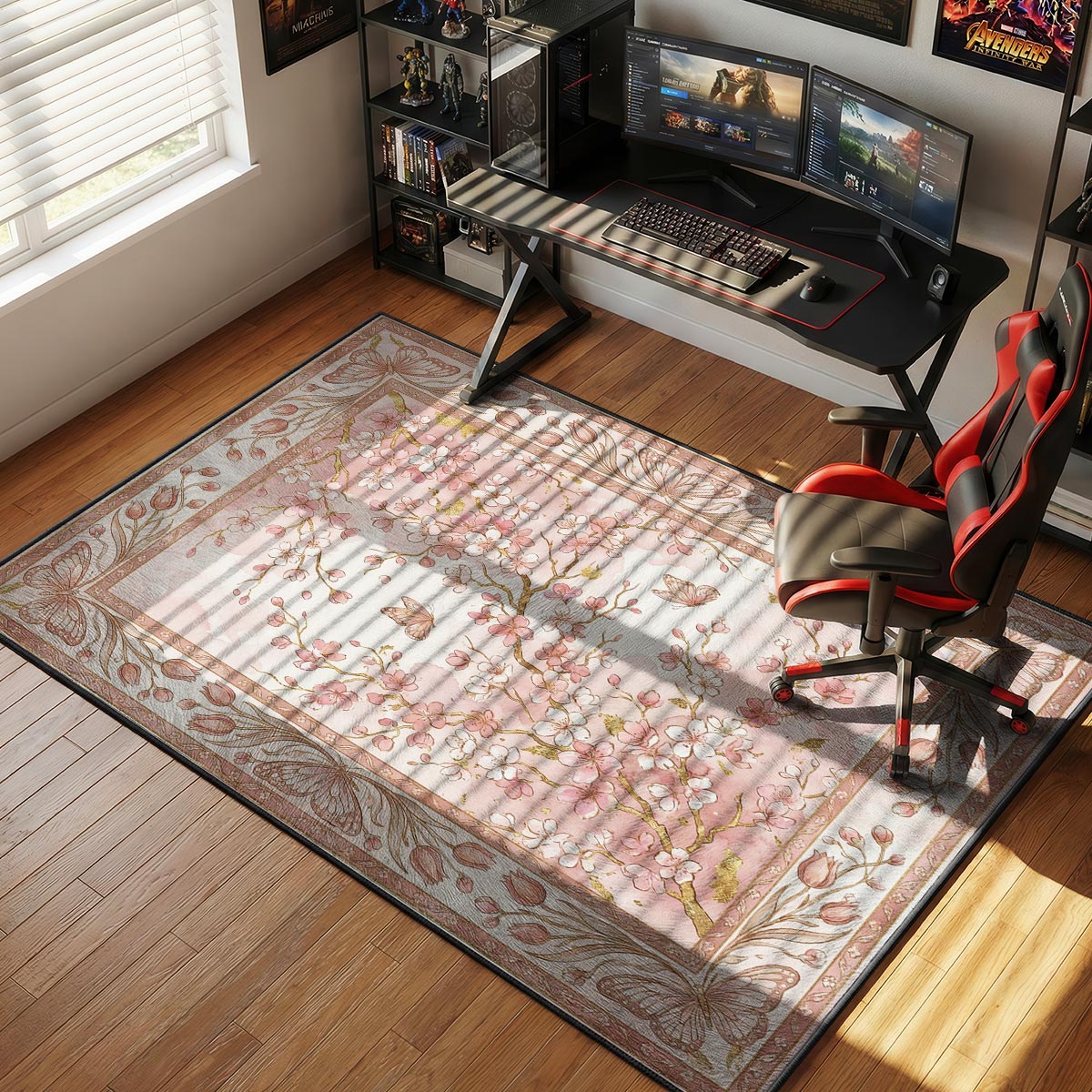 Floral cherry blossom rug placed beside a bed in a soft-toned feminine bedroom