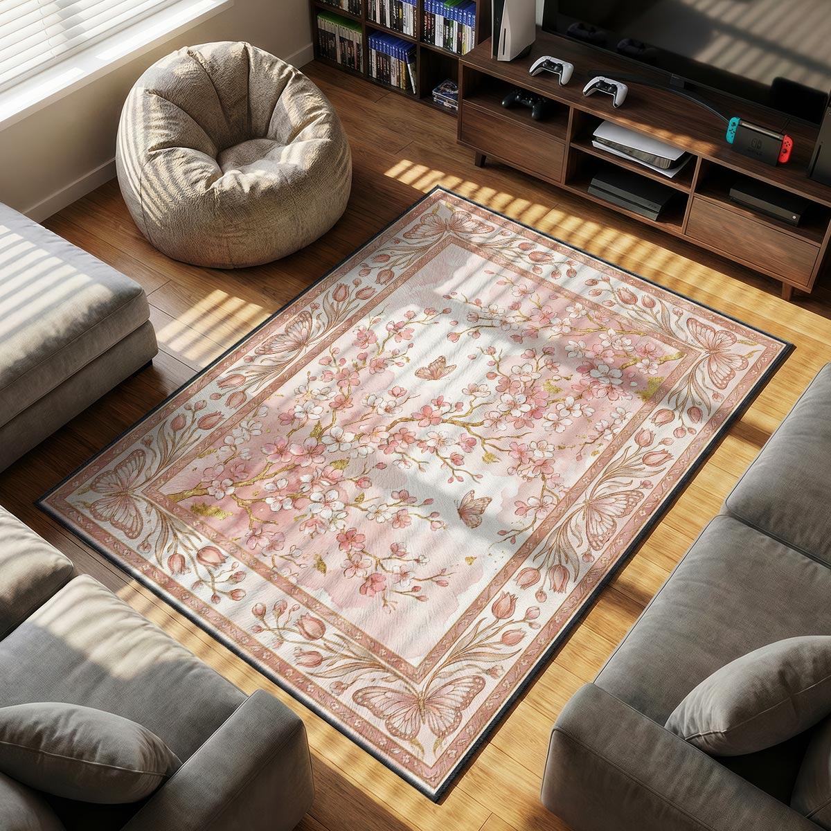 Close-up of cherry blossom area rug showing petal detail and plush fiber texture