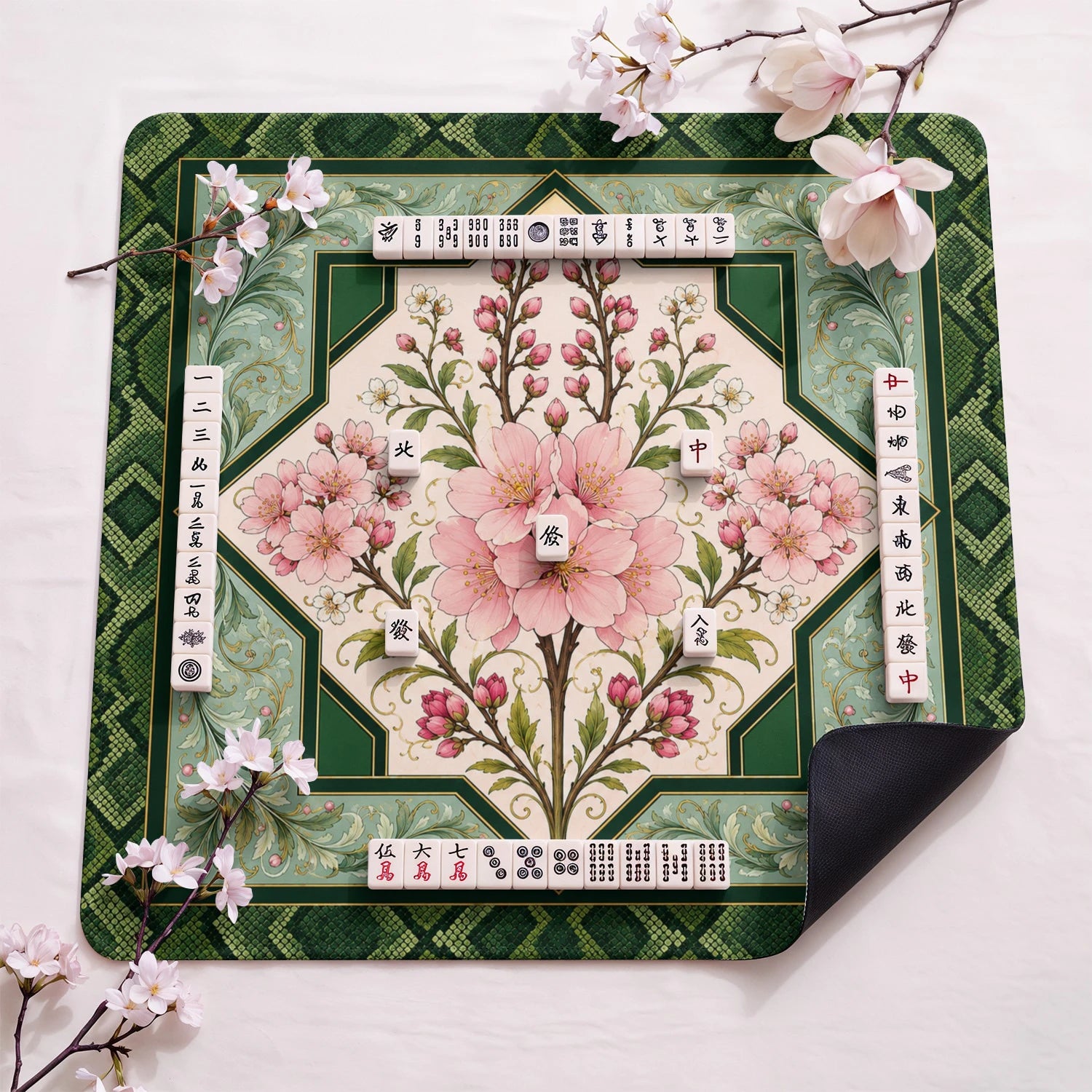 Cherry Blossom design close-up on mahjong mat surface