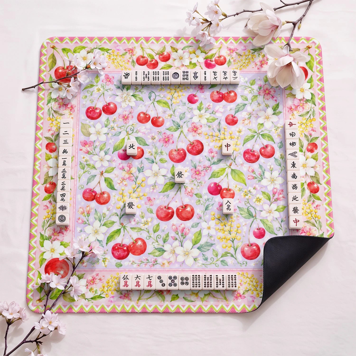 Cherry Blossom design close-up on mahjong mat surface