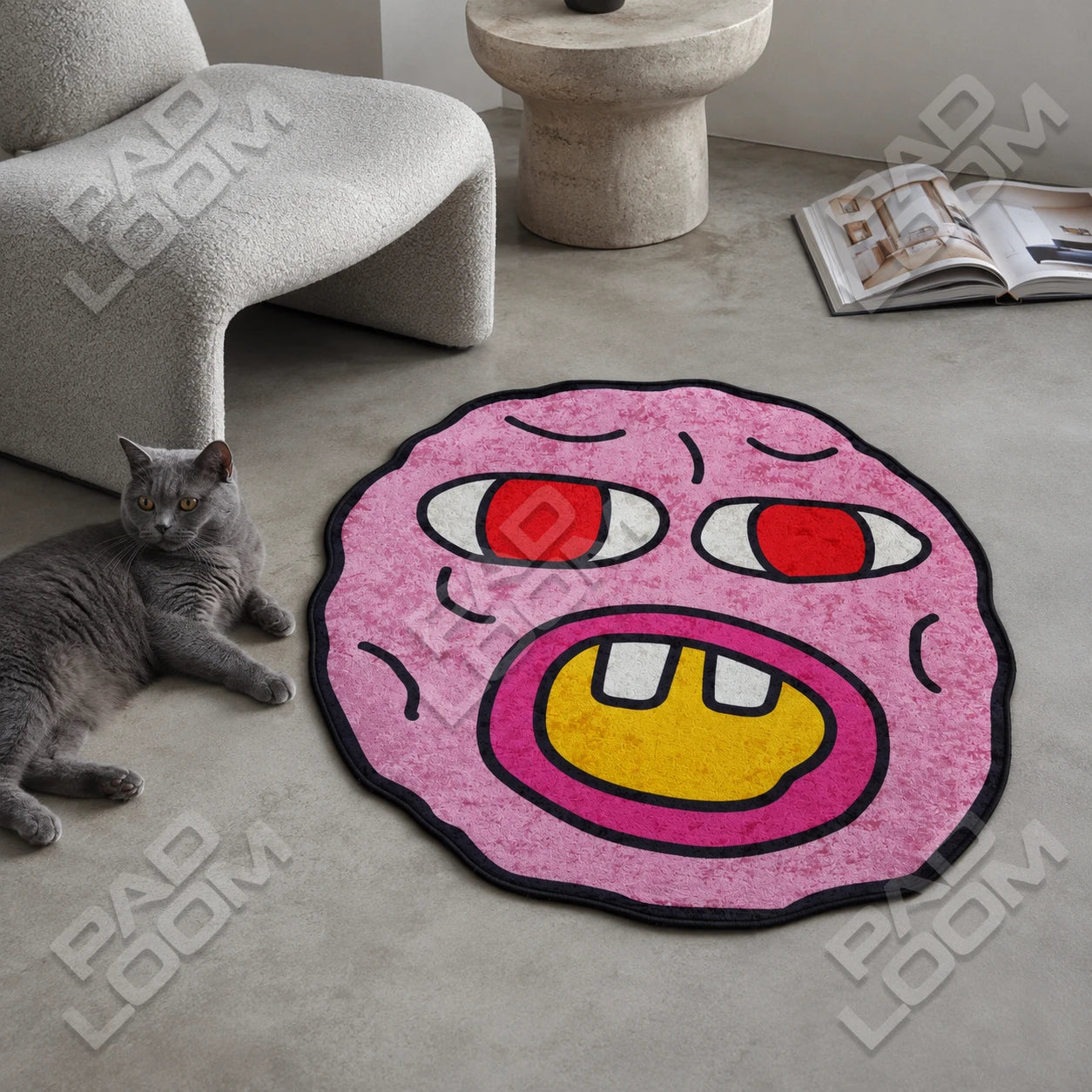 Cherry Bomb shaped rug shown in a room setting