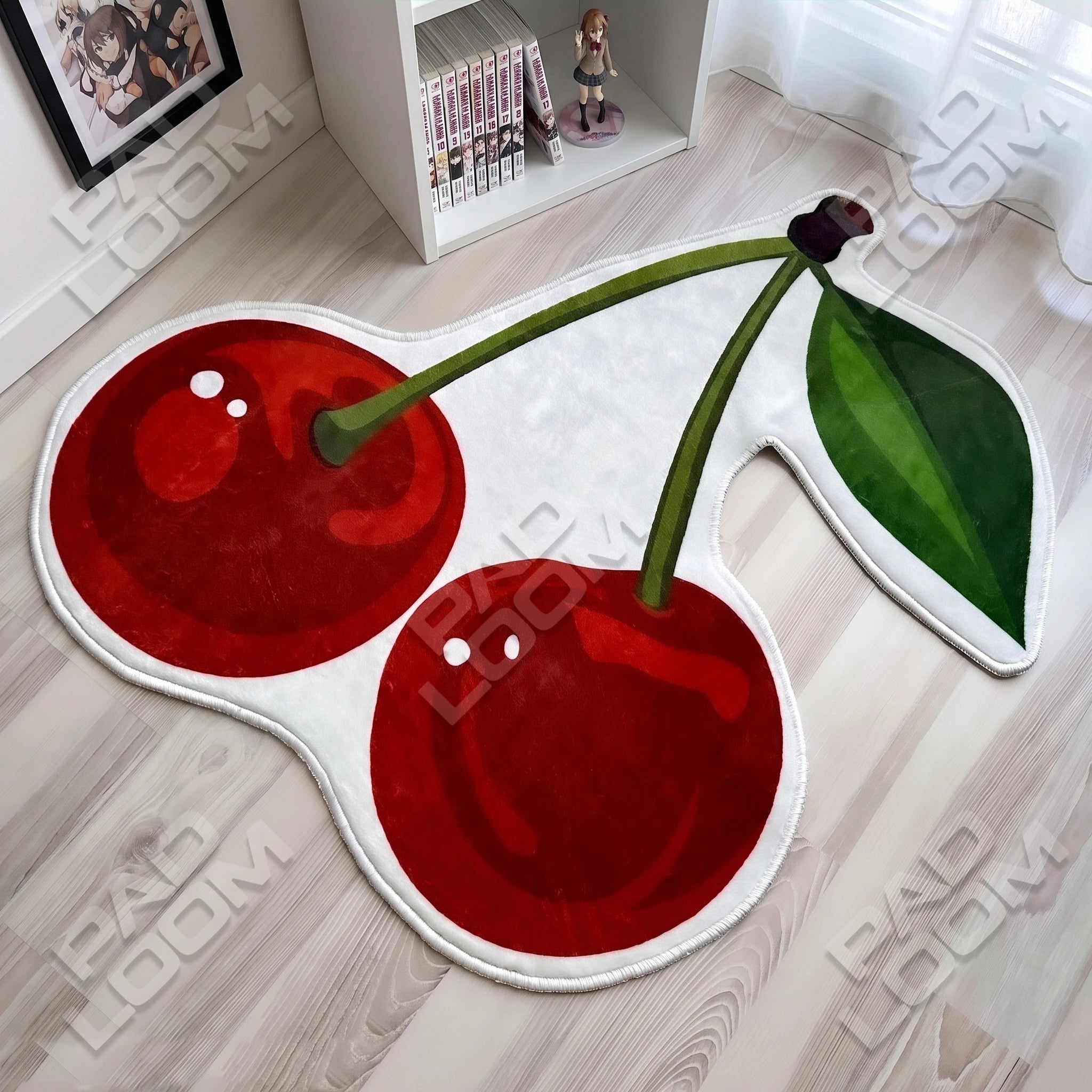 Cherry shaped rug shown in a room setting