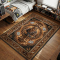 Chewbacca roaring with his bowcaster amidst Millennium Falcon and tree borders in an ornate earthy art style movie themed area rug and home theater mat