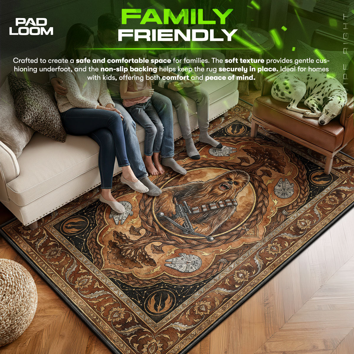 Chewbacca area rug showing full home decor artwork