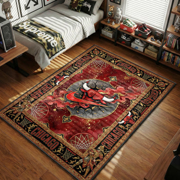 Chicago Bulls red and black gothic crest rug with cracked stone bull logo and ornate gold border