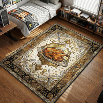PUBG roast chicken on silver platter with Winner Winner Chicken Dinner text and crossed silverware ornate gaming area rug and floor mat