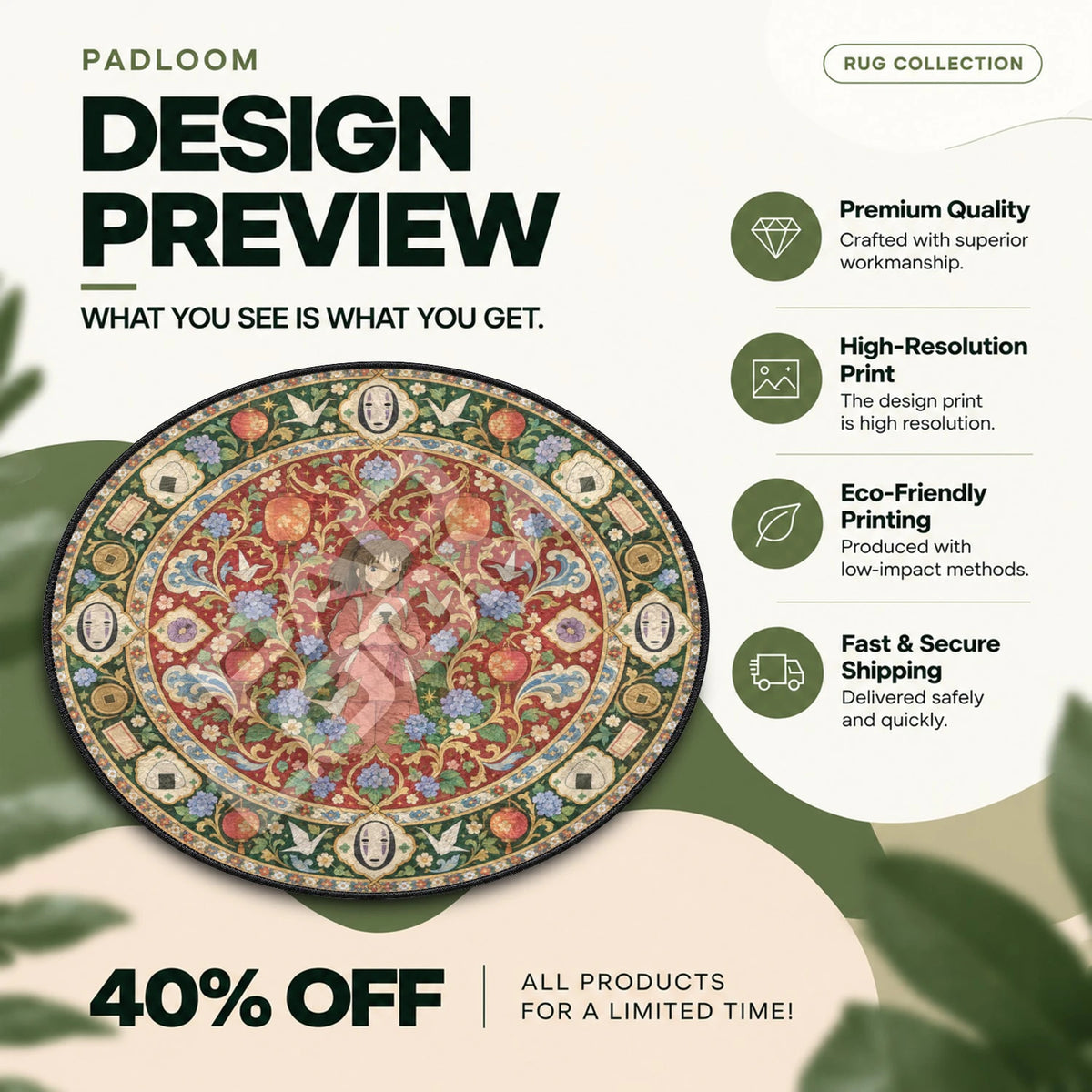 Chihiro Onigiri Studio Ghibli round rug full design preview