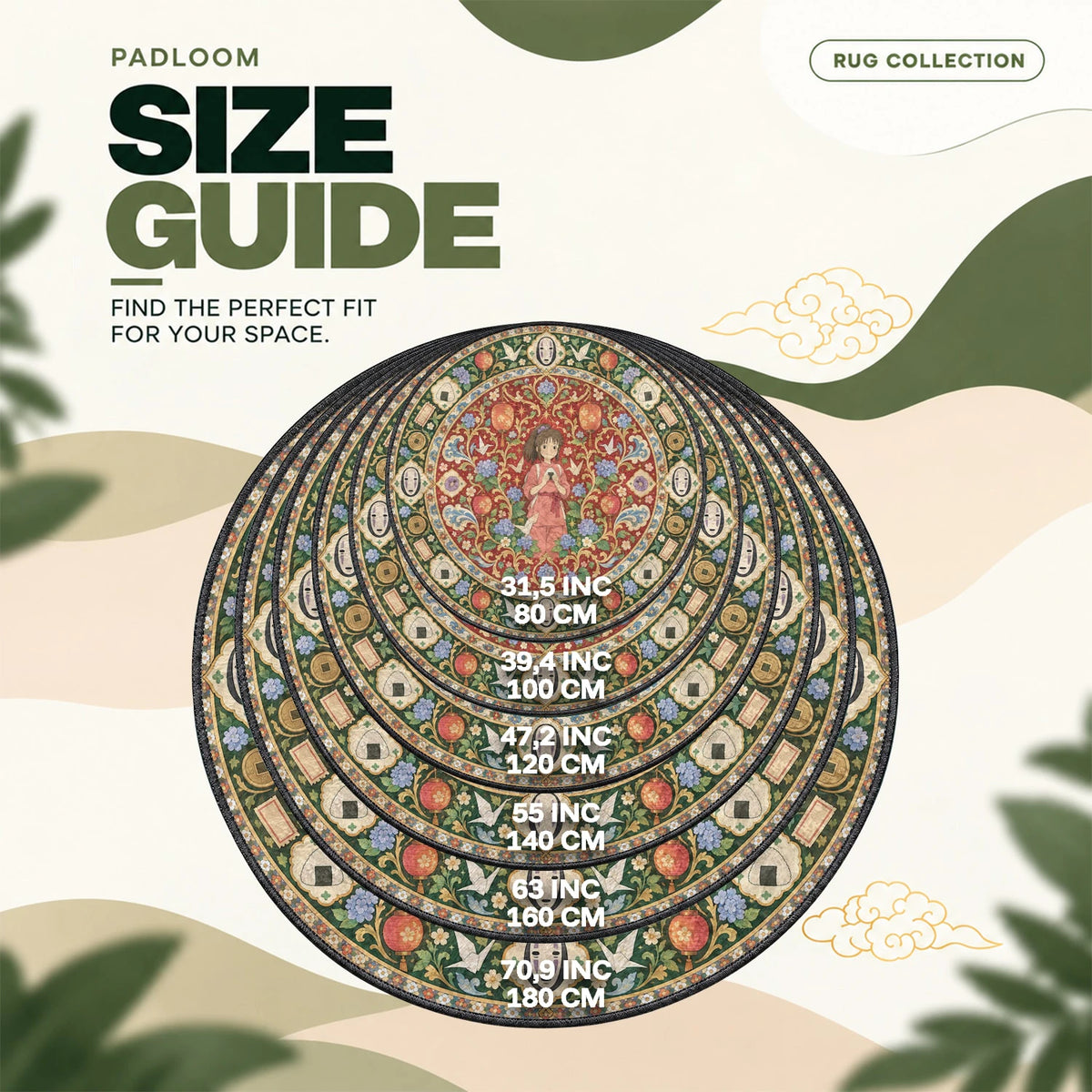 Chihiro Onigiri round rug size guide, 80 to 180 cm (31.5 to 70.9 in)