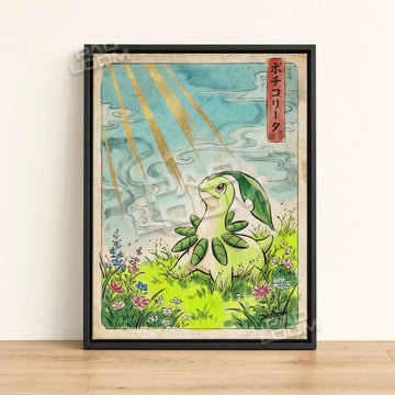 Chikorita Meadow Pokemon poster - framed canvas wall art in a black frame