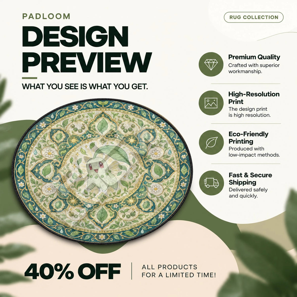 Chikorita Medallion Pokemon round rug full design preview