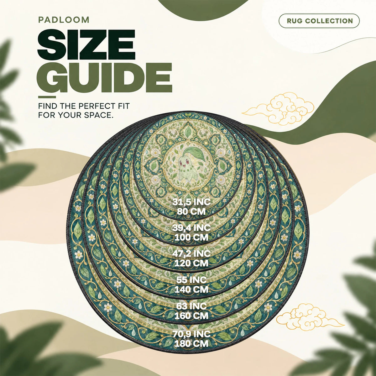 Chikorita Medallion round rug size guide, 80 to 180 cm (31.5 to 70.9 in)