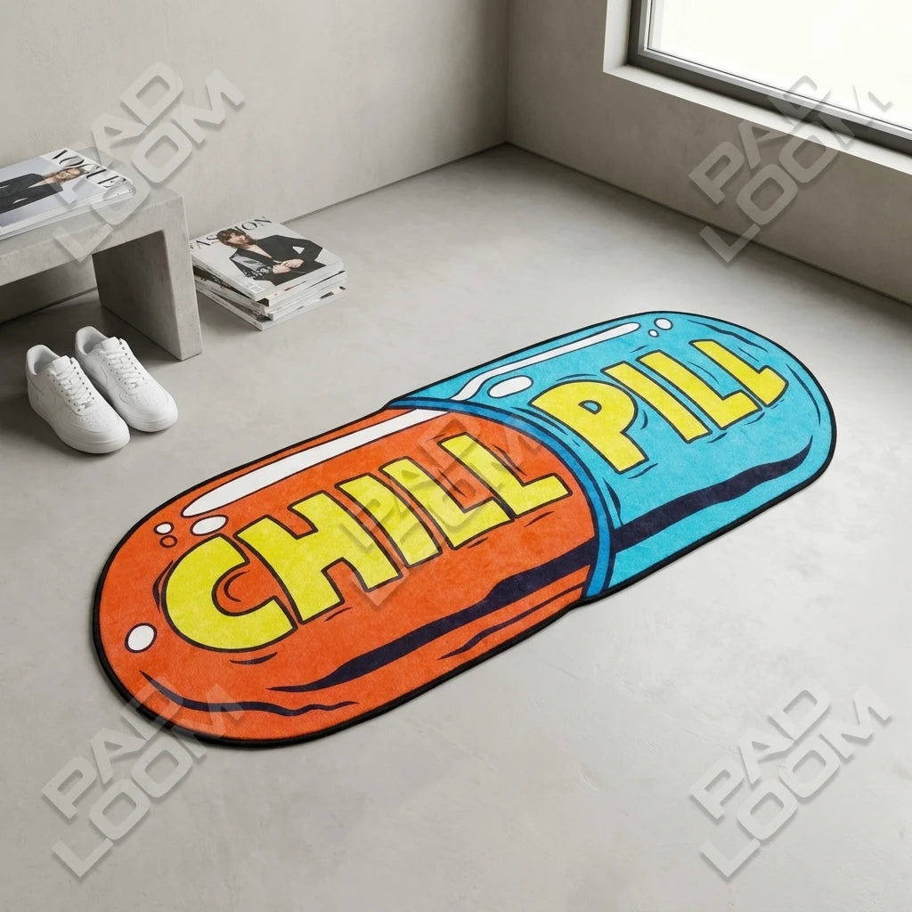 Chill Pill shaped rug shown in a room setting
