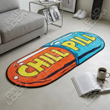 Chill Pill shaped area rug, die-cut man cave rug
