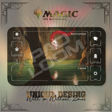 Chinese Dragon Lake MTG playmat, brown and black art with play zones, 24 x 14 in