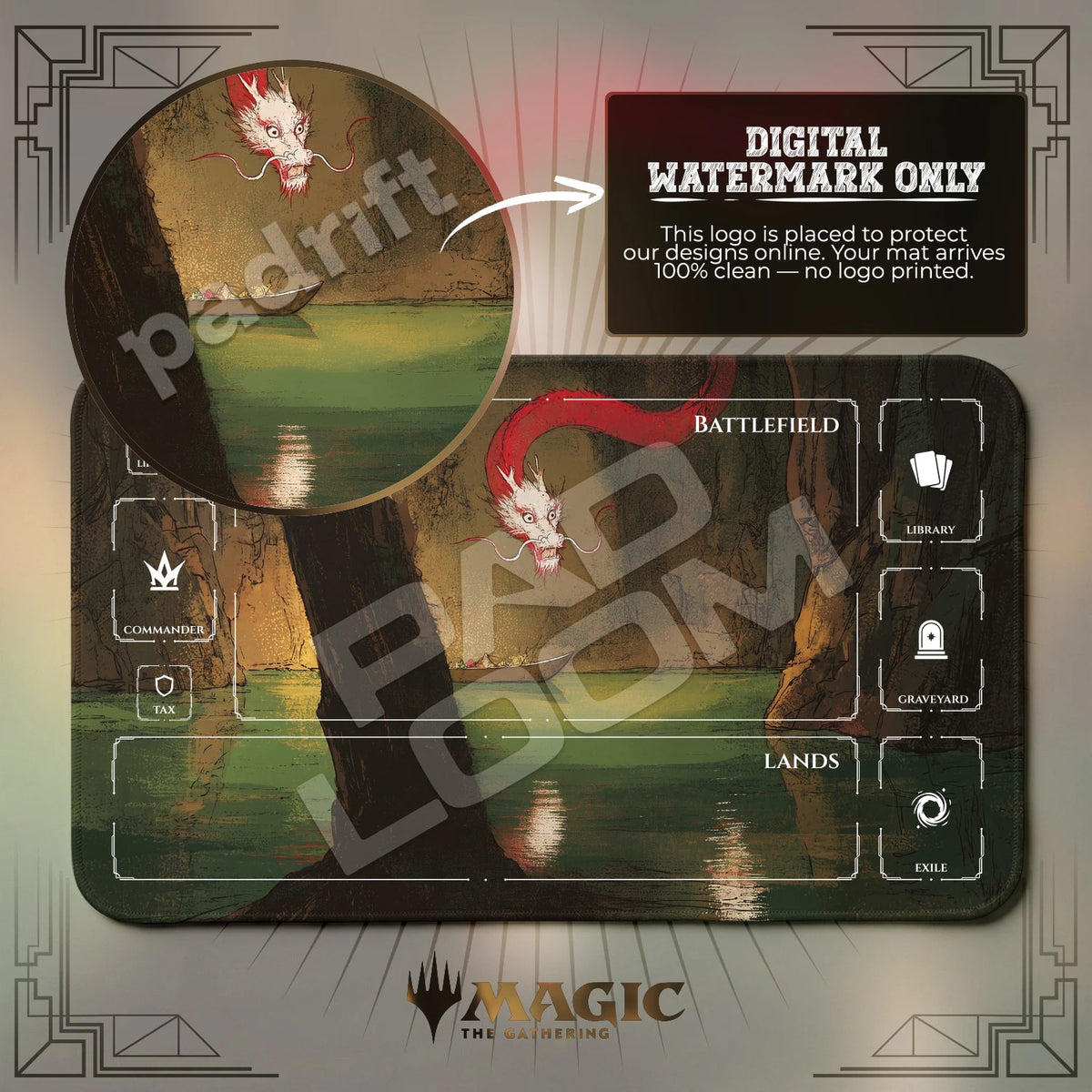 Chinese Dragon Lake MTG playmat with zones; the Padloom watermark is digital only, not printed