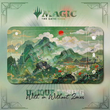 Chinese Landscape Jade MTG playmat, green art with play zones, 24 x 14 in