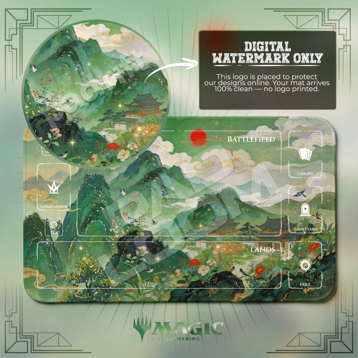 Chinese Landscape Jade MTG playmat with zones; the Padloom watermark is digital only, not printed
