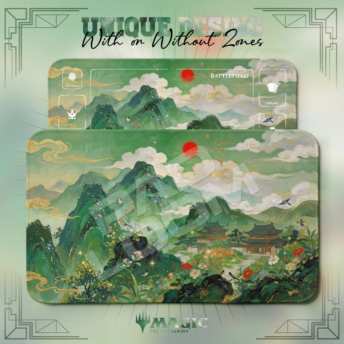 Chinese Landscape Jade MTG playmat shown with zones and without zones