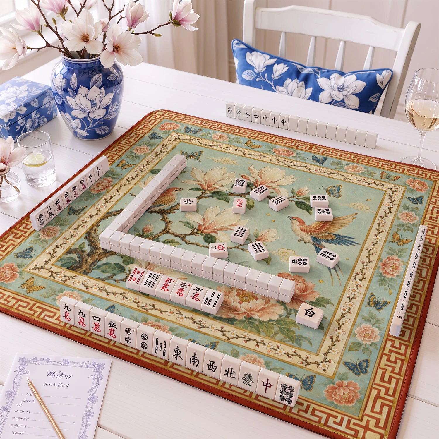 Chinoiserie Bird mahjong mat – M (60x60 cm) and L (81x81 cm) sizes