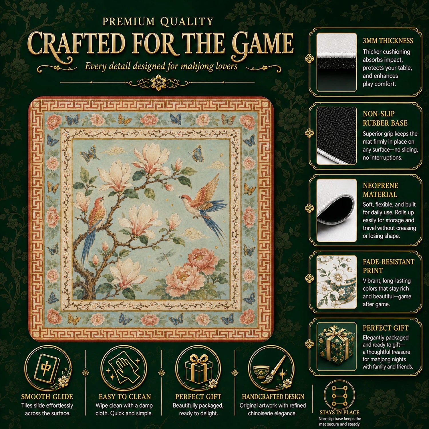 Chinoiserie Bird mahjong mat – M (60x60 cm) and L (81x81 cm) sizes
