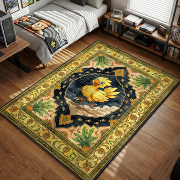 Yellow Chocobo running with musical notes border in watercolor style gaming area rug and floor mat
